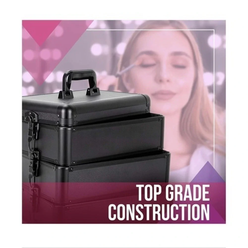 Rolling Makeup Train Case Aluminum Cosmetic Trolley Organizer Box Black